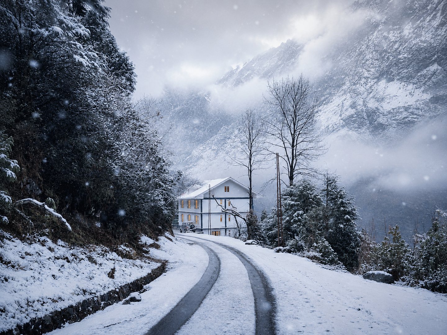 Floret Resort Lachung at the end of a winding snow-covered road beneath misty Himalayan mountains