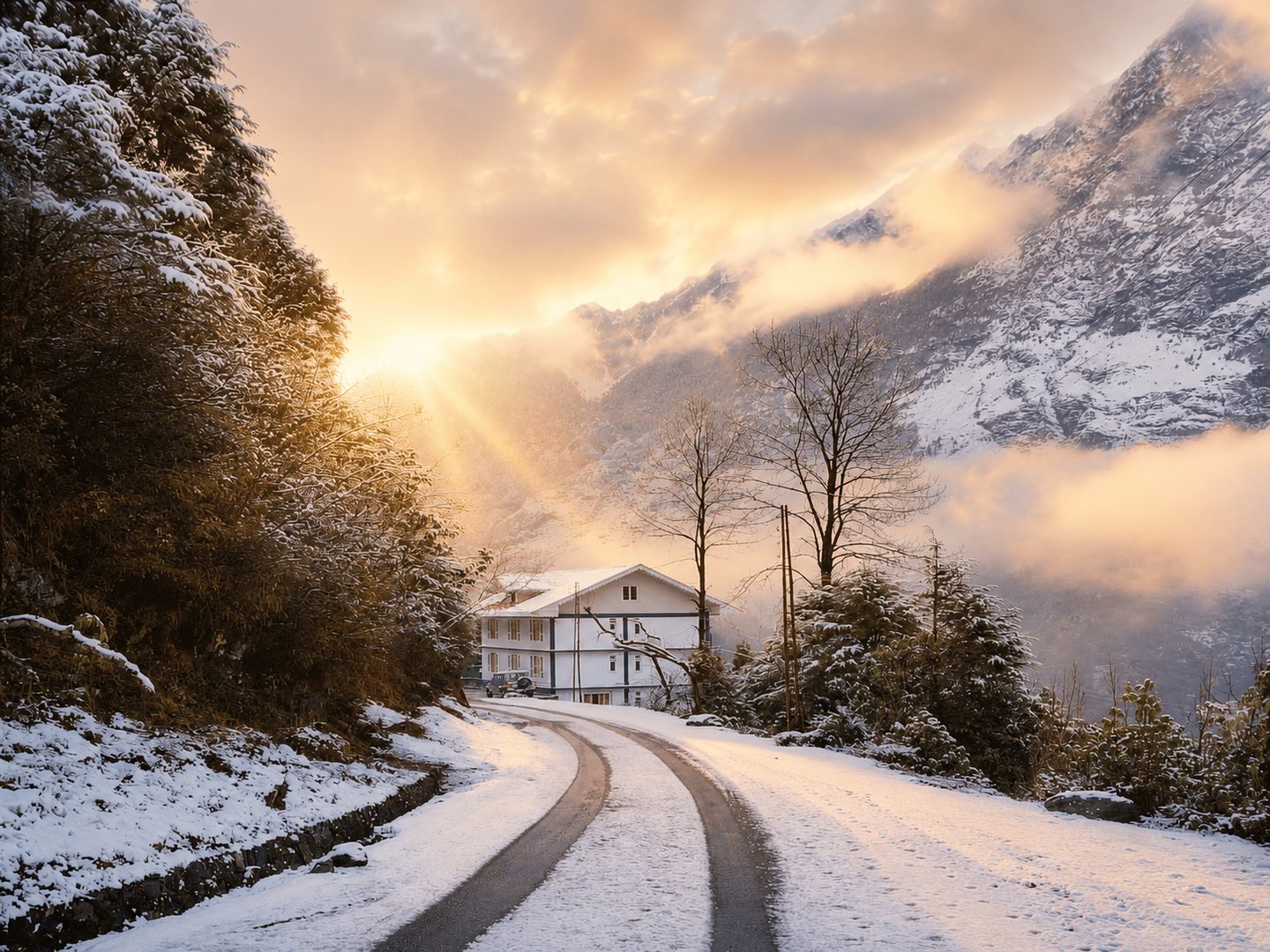 Golden morning over Floret Resort and the Lachung mountains